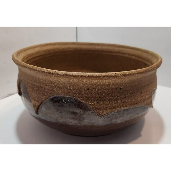 Vintage Stoneware Two-Toned Brown & Tan Round Serving Bowl Primitive Rustic 9" - Picture 1 of 10